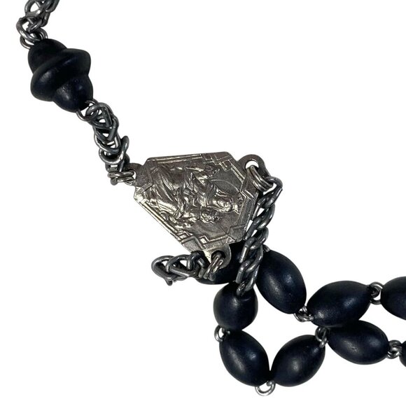 Catholic Rosary Black Prayer Beads 19" Sacred Heart of Jesus Medallion Vintage - Picture 5 of 5